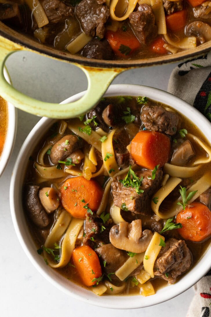 Top down bowl of noodle soup with meat and veggies.