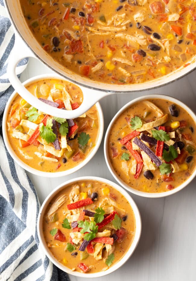 Three white and gray bowls filled with chicken taco soup. Each bowl is garnished with cilantro and red tortilla strips.