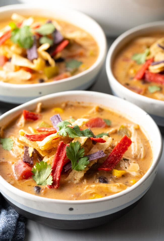 Three white and gray bowls filled with chicken taco soup. Each bowl is garnished with cilantro and red tortilla strips.