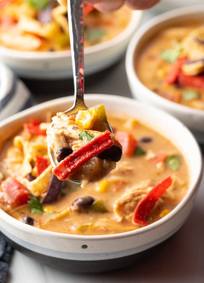 Metal spoon offering taco soup to camera.