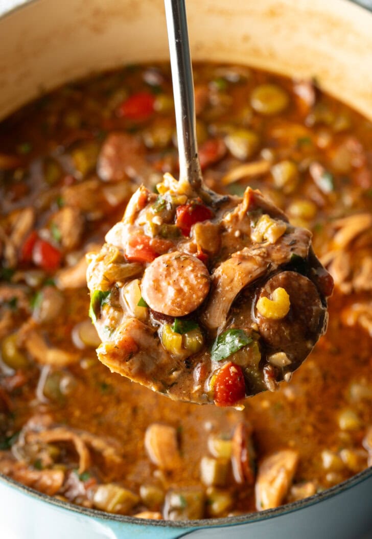 Pot of gumbo cooking, with a ladle holding a serving to camera.
