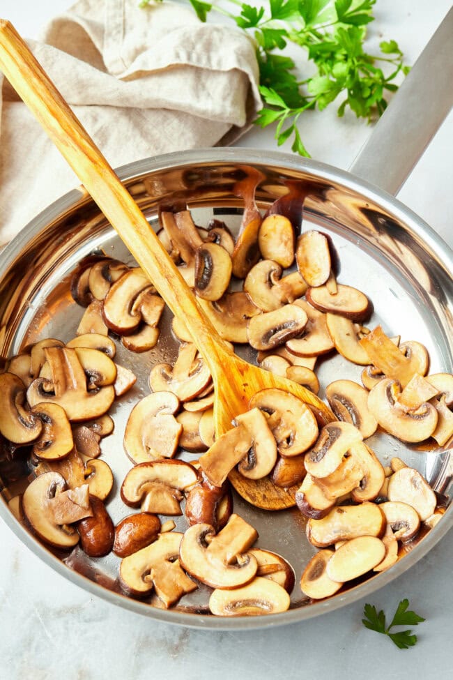 Chicken Cacciatore Ingredients  - mushrooms in skillet