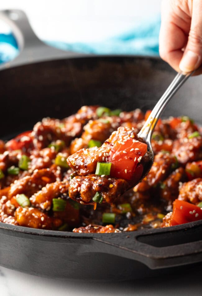 Hand with metal spoon showing scoop of manchurian chicken to camera.