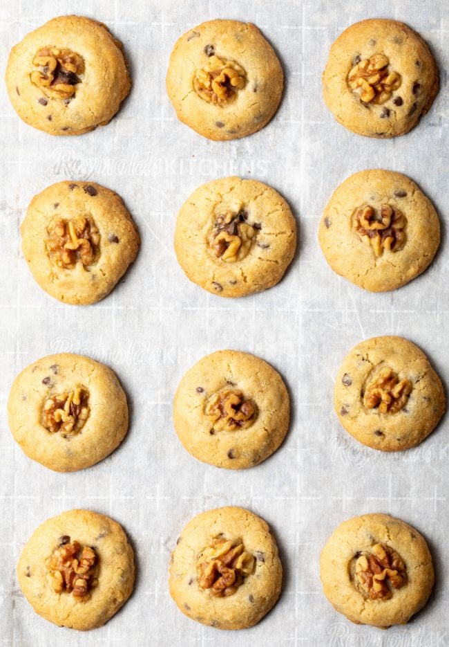 top view 12 baked chocolate chip walnut cookies on parchment paper