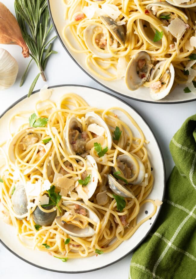 clam pasta overhead shot on serving plates