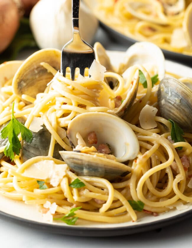 clams with spaghetti swirled around fork