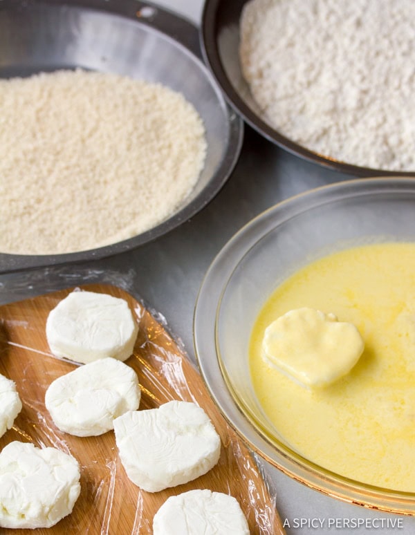 How to Make Fried Goat Cheese Salad - dipping goat cheese rounds in breading