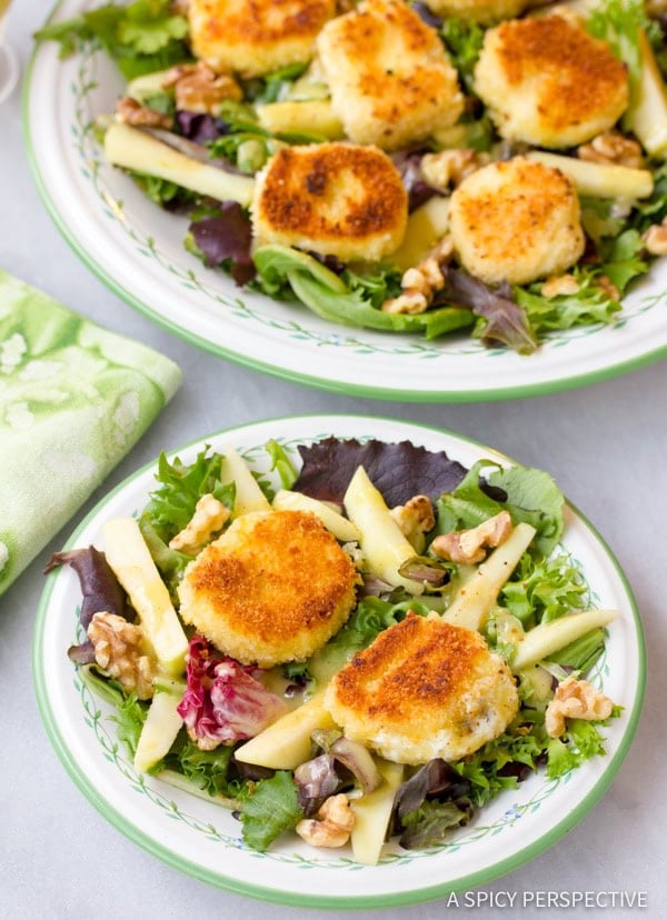 Fried Goat Cheese Salad Recipe on plates