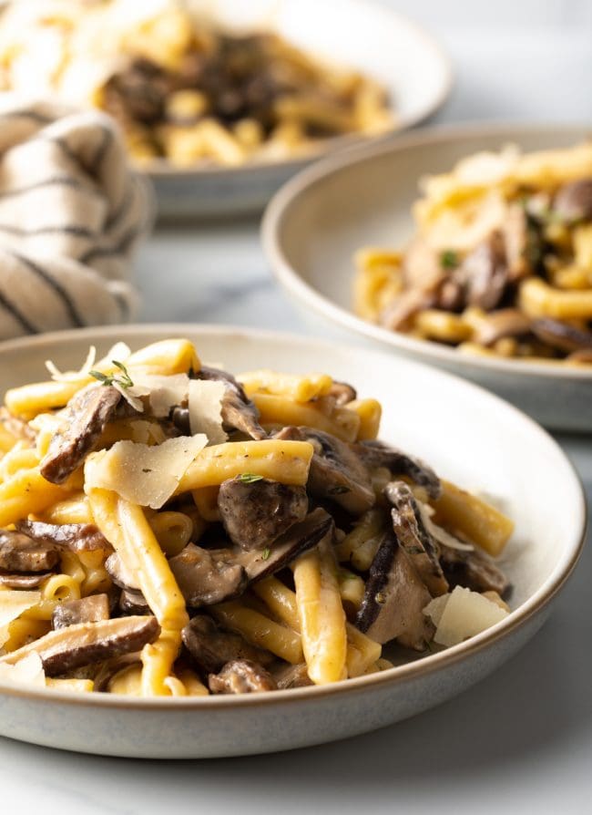 close view plated pasta with creamy mushroom parmesan sauce