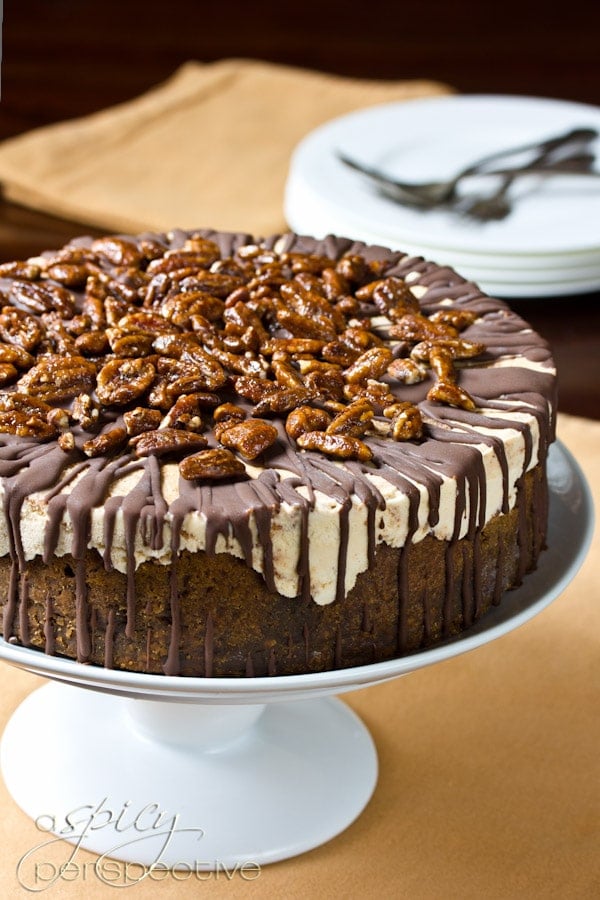 Side view of pumpkin ice cream cake on a cake stand. 