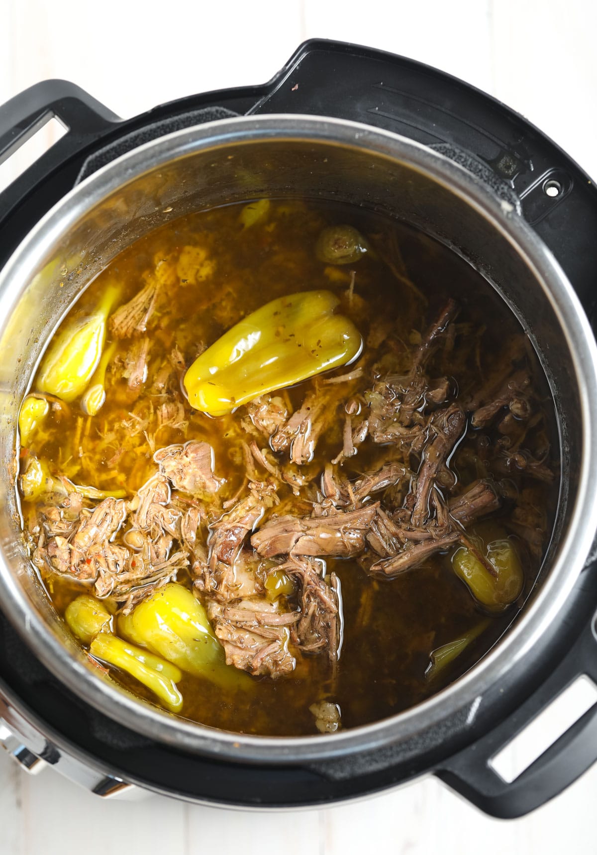 Top view of what the Italian beef will look like in the pressure cooker after being cooked. 
