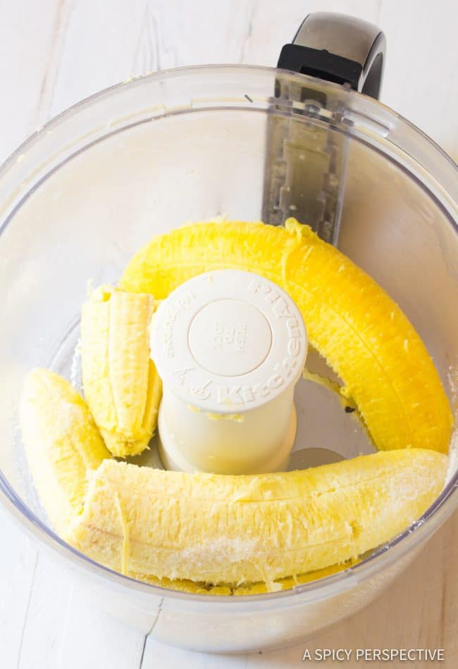 Plantains in a food processor.