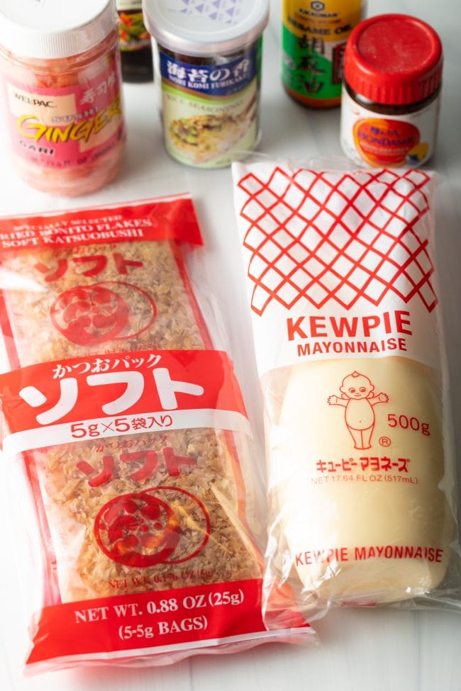 bonito flakes, kewpie mayo, ginger, and other ingredients