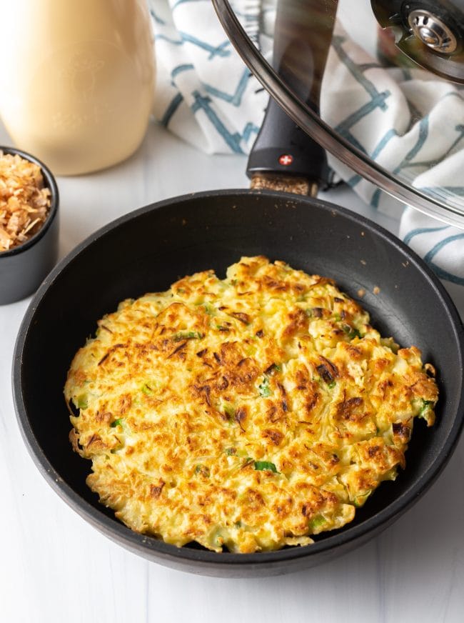 uncovered Japanese pancake recipe in a skillet
