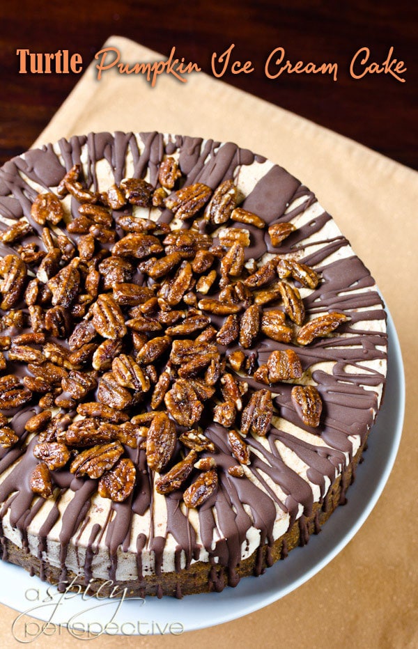 Turtle Pumpkin Ice Cream Cake on a plate before being cut into.