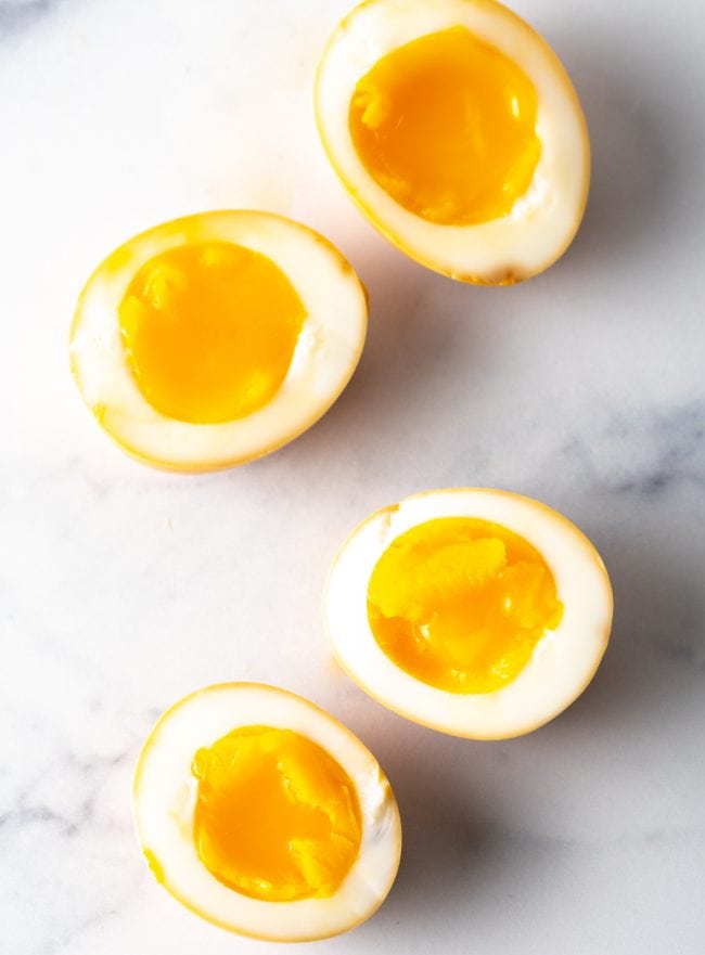 recipe for perfect soft-boiled eggs cut in half ajitsuke tamago