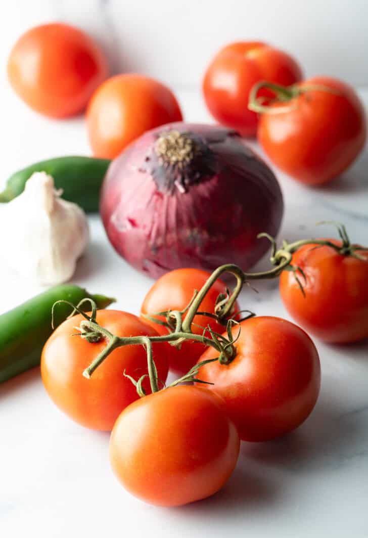 Recipe ingredients on a white background: Four on the vine tomatoes, whole red onion, whole head of garlic, and two whole jalapenos.