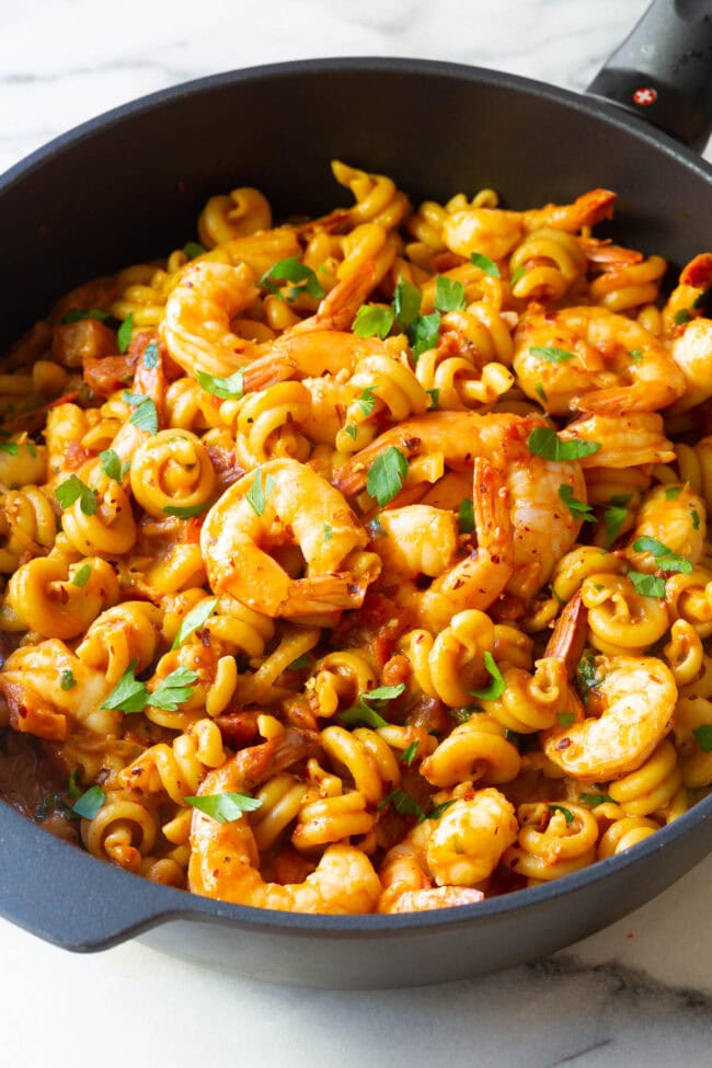 Perfect Shrimp Fra Diavolo Pasta Recipe made in a skillet