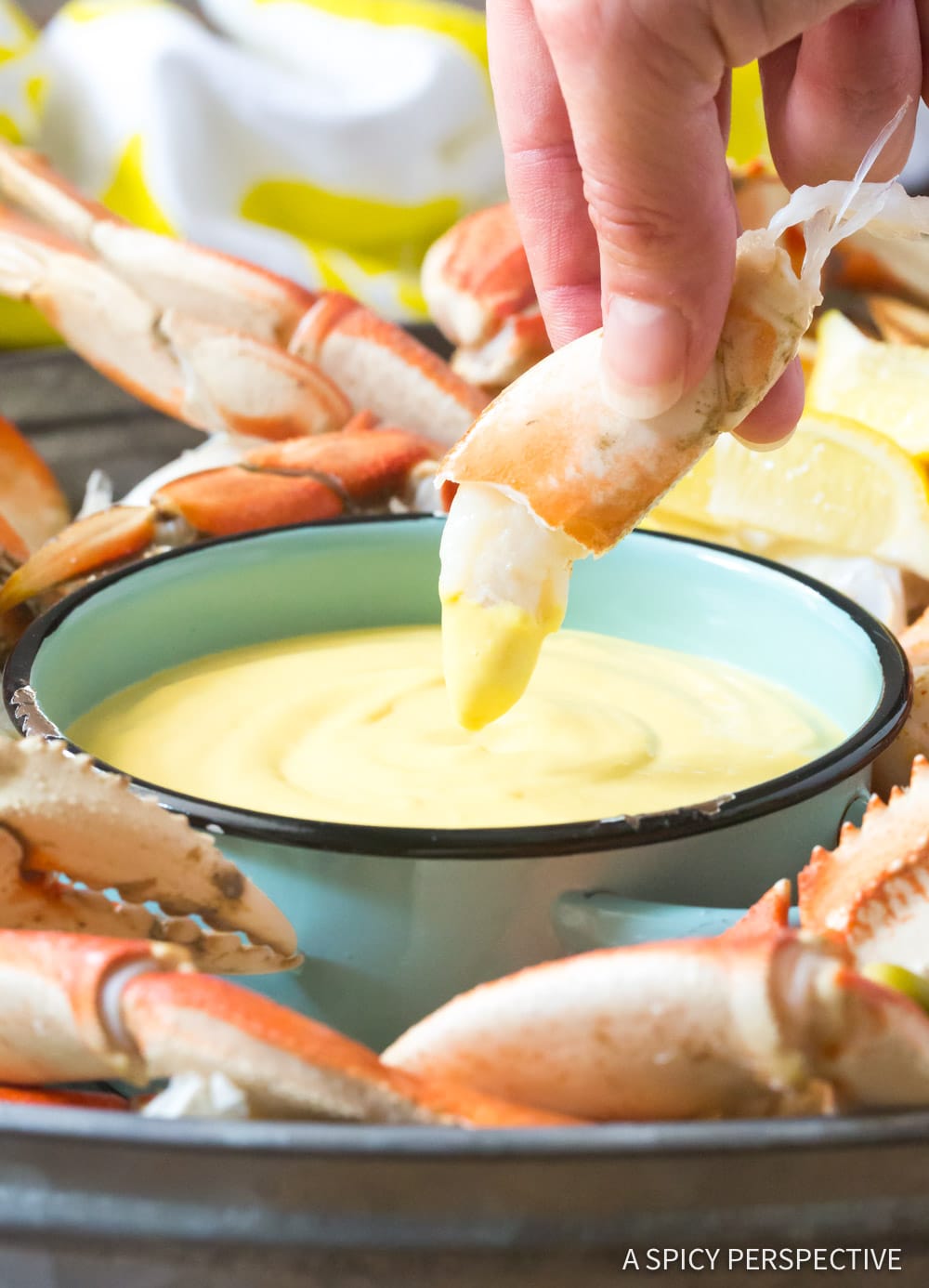 Hand dipping crab into a bowl of mustard sauce. 