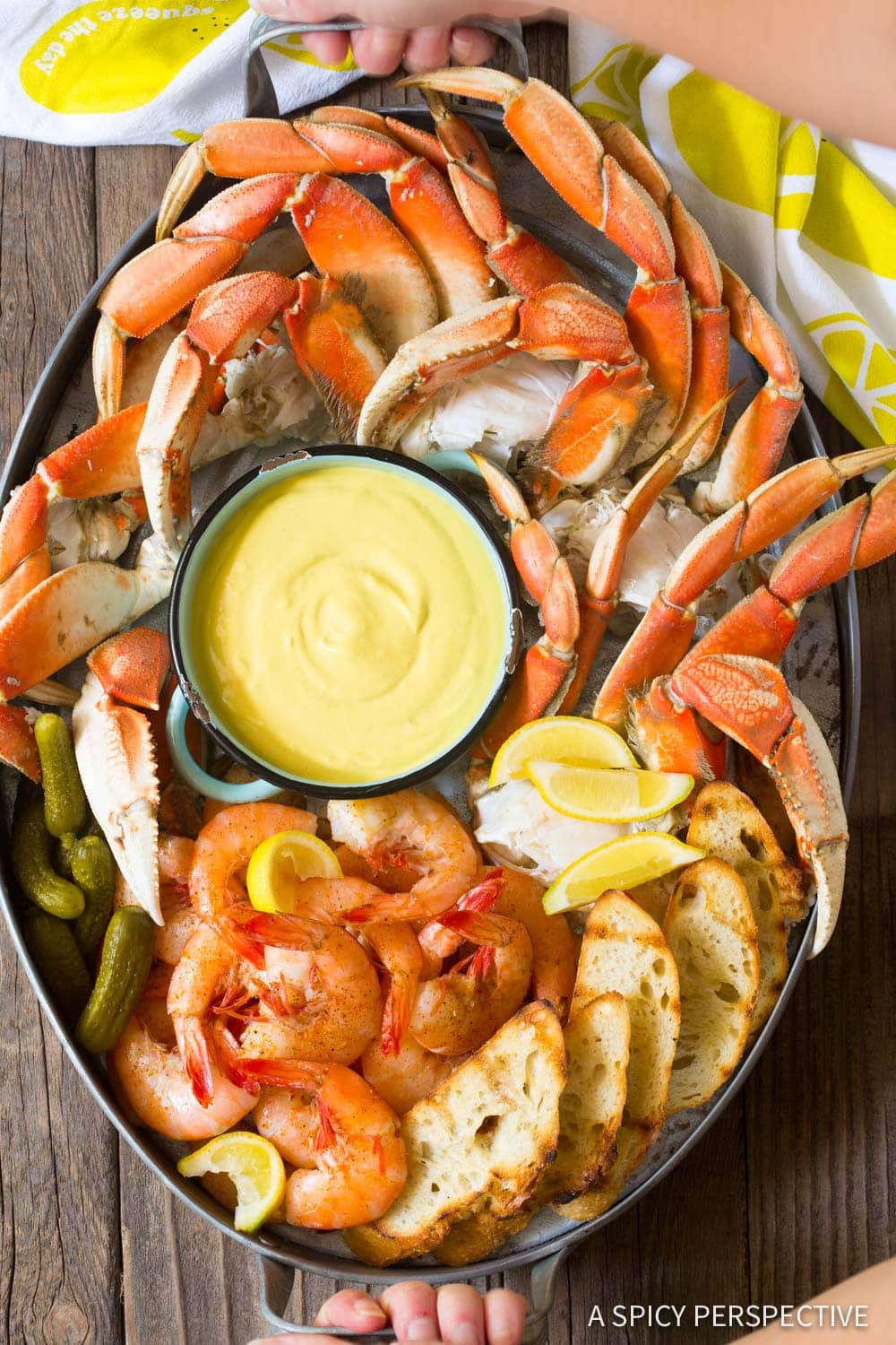 Seafood platter with a seafood mustard sauce in the middle. 