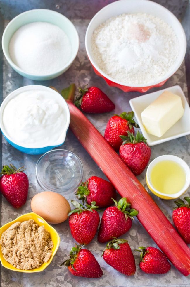 Ingredients needed for strawberry rhubarb muffins. 