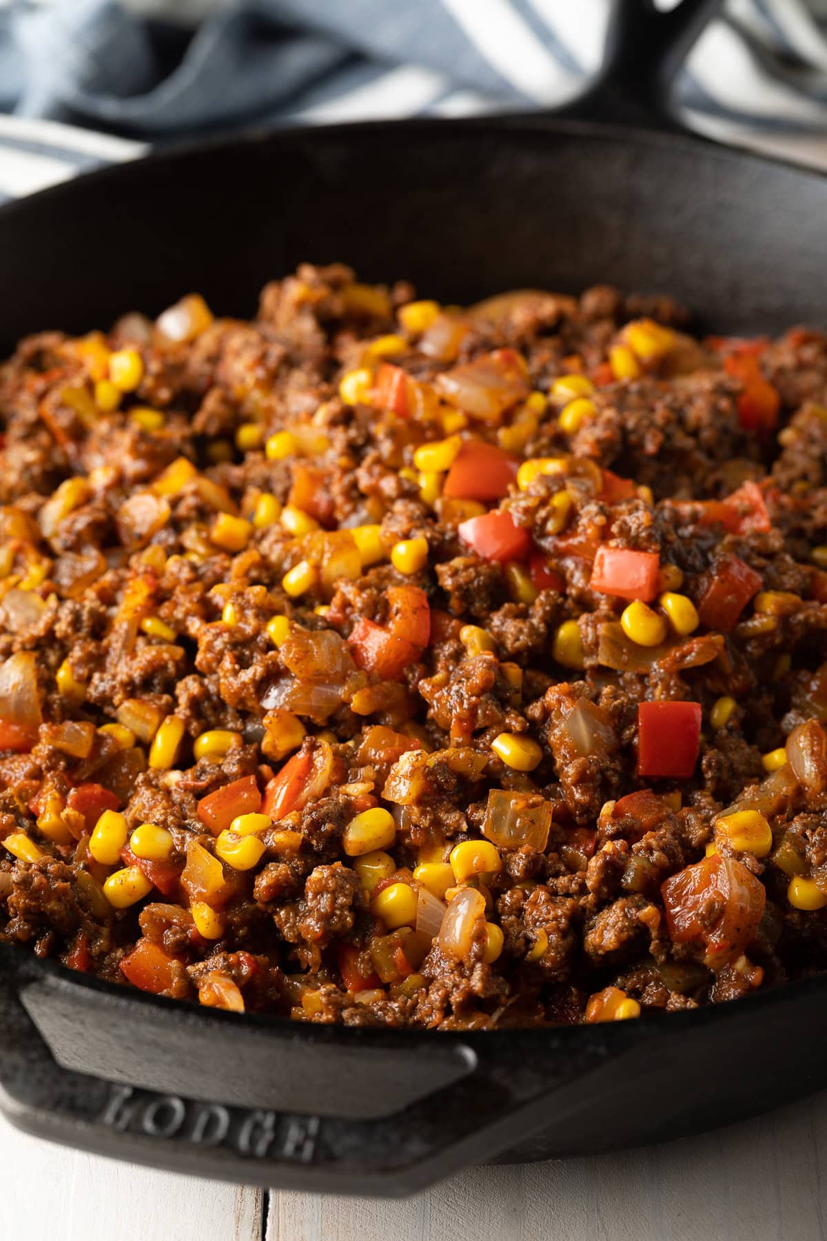 Tamale pie meat filling in skillet.