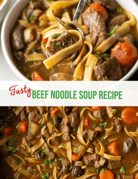 Pinterest graphic: Top image is a bowl of beef noodle soup with a spoon holding a spoonful to camera. Bottom image is a top down view of a pot with beef noodle soup. The two images are split horizontally by a white banner that reads the recipe title in green: Beef Noodle Soup Recipe.
