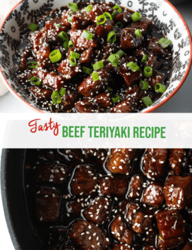 Pinterest graphic. Top image is a bowl of beef teriyaki with rice. Bottom image is the beef simmering in sauce in a deep skillet. The two images are split horizontally with a white banner that reads the recipe title in green: Beef teriyaki recipe.