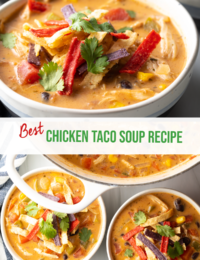 Pinterest graphic: Top image is a bowl of soup garnished with cilantro and red tortilla strips. Bottom image is a top down view of the soup in bowls.