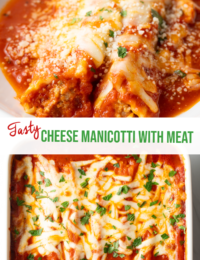 Pinterest graphic: Top image is a serving of two manicotti on a plate. Bottom image is a full pan of baked manicotti. The two images are split horizontally by a white banner that reads the recipe title in green: Cheese Manicotti with Meat.