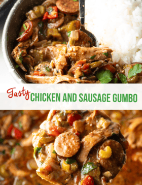 Pinterest image split in half horizontally: Top image is a bowl of chicken sausage gumbo with a scoop of white rice. Bottom image is a pot of gumbo cooking, with a ladle holding a serving to camera. The two images are split by a white banner that reads the recipe title in green: Chicken and Sausage Gumbo.