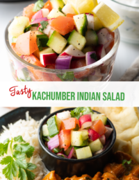 Pinterest graphic. Top image is a close view of chopped veggie salad in a glass bowl. Bottom image is a serving of the salad in a black ramekin, on a plate with Indian main dishes. Two images are split horizontally by a white banner that reads the recipe title in green: Kachumber Indian Salad